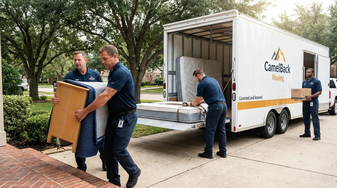 Crew loading residential truck for cross-state move from La Feria, TX