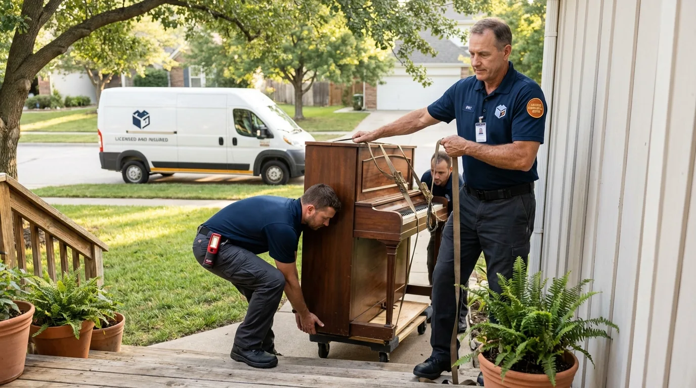 Licensed piano movers securing grand piano in La Feria, TX