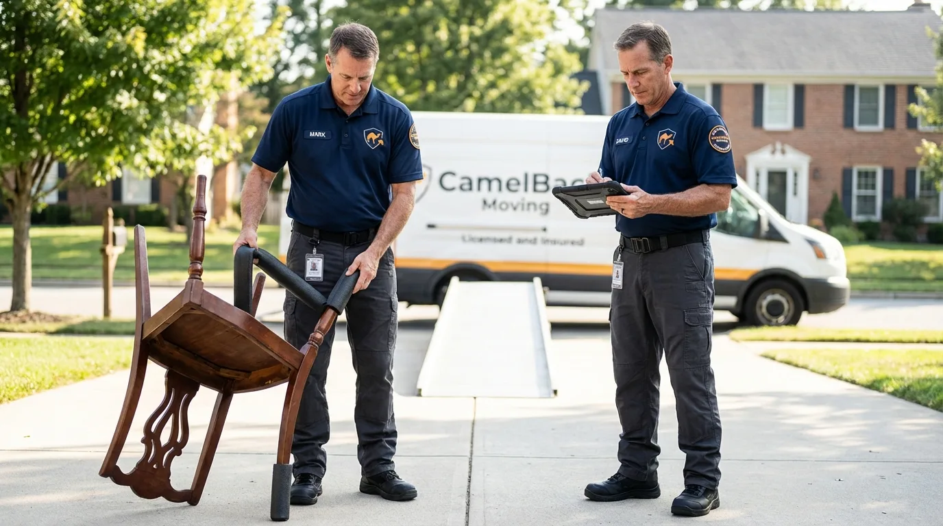 Movers inspecting furniture for damage prevention before loading in La Feria, TX