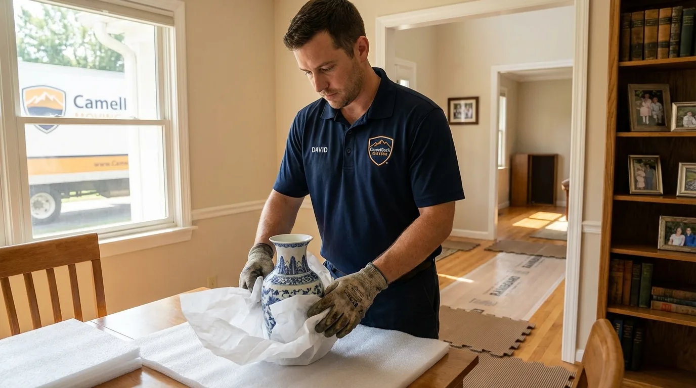 Professional crew carefully wrapping antique vase for senior downsizing move in La Feria, TX