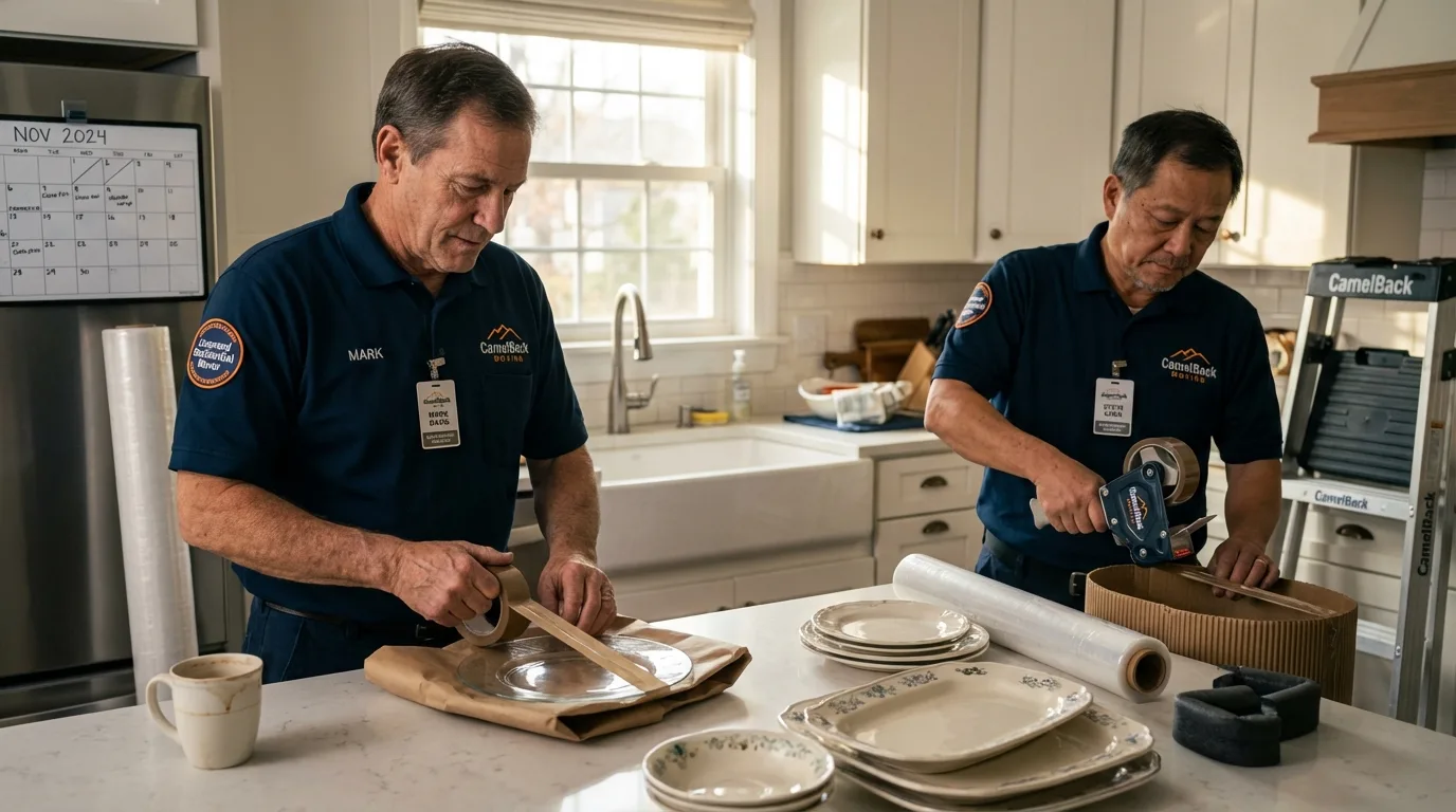 Professional crew packing kitchen dishware in La Feria, TX